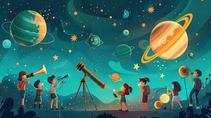 Naklejka premium Friendly cartoon astronomers celebrating Astronomy Day under a starry night sky with telescopes and planet models, enjoying laughter and camaraderie in a fun group gathering.
