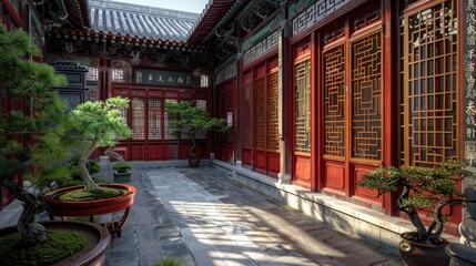 Obraz premium A traditional Chinese courtyard house with red lacquered doors, a serene garden with bonsai trees, and intricate wooden lattice windows.