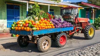 Fototapeta premium Tractor pulling a cart full of colorful produce AI generated illustration