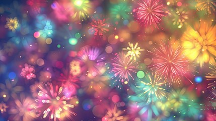 Abstract colorful fireworks background with bokeh lights.