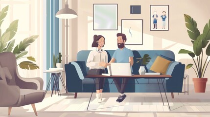 Couple consulting financial planner via video call in living room