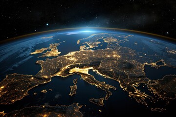 World at night, Global Network concept, Europe and Africa view with night city lights.