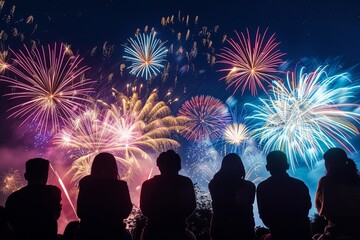 Silhouettes of People Watching Fireworks Display.