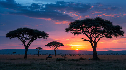 African Sunset with Silhouetted Acacia Trees and Wildebeest.