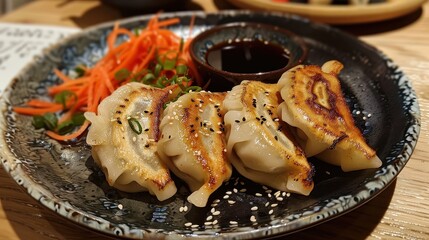 Delicious pan-fried dumplings served on a ceramic plate with dipping sauce and fresh vegetables.