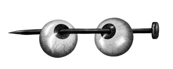 Eyeballs pierced by a nail, surreal psychedelic chalk tattoo illustration