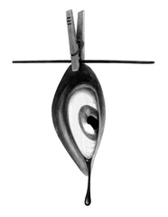 Eye hanging on clothespin surreal psychedelic chalk tattoo illustration