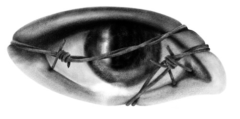 Eye in barbed wire surreal psychedelic chalk tattoo illustration