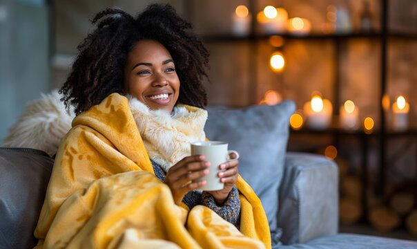 An young positive African American woman is sitting wrapped in a bright yellow plaid and drinking tea. An elderly woman is resting on the couch.Cozy autumn atmosphere.comfortable warm winter concept