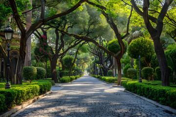 Serene Urban Avenue with Tree Canopy and Cobblestone Road Lined with Historic Architecture