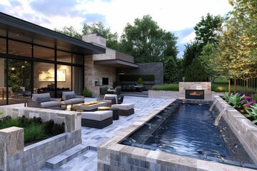 Fototapeta premium Modern Backyard Oasis with Pool and Fire Pit