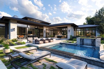 Fototapeta premium Modern House with Pool and Waterfall