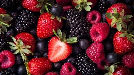 A vibrant photo of an assortment of fresh berries including blackberries, raspberries, and strawberries
