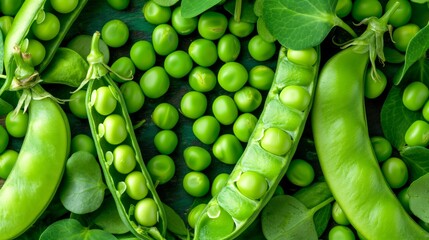 A high-resolution photo of fresh green peas in their pods