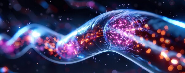 Abstract futuristic representation of a DNA strand with glowing lights and particles on a dark background.