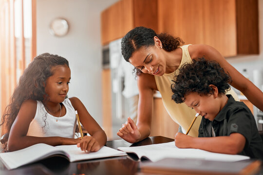 Mom, children and books with homework for learning, guidance or help on kitchen table. Happy mother, kids or siblings studying together for education, knowledge or childhood development at house
