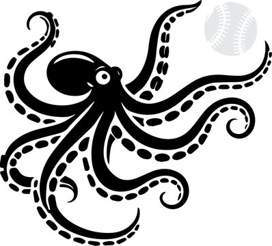 recommend clip art: Abstract black and white illustration of an octopus with a baseball, ideal for creative and sports-themed designs.
