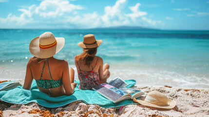 Sunbathers relaxing on beach towels and reading books.