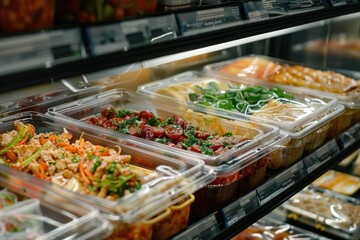 Fototapeta premium Boxes of ready-to-eat meals stored in the refrigerator. In the shopping mall, delicious food
