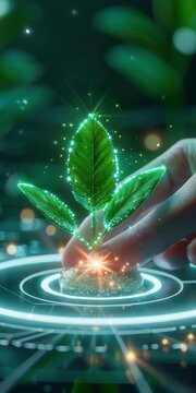 Futuristic hand touching glowing digital plant sprout in dark technology background, symbolizing innovation, nature, and sustainability.