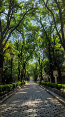 Obraz premium Serene Urban Avenue with Tree Canopy and Cobblestone Road Lined with Historic Architecture