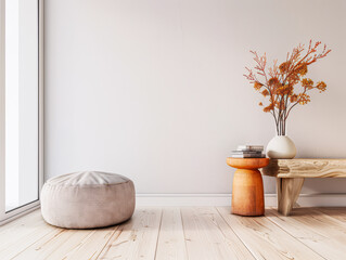 Oriental minimalist living room interiors with plain window lighting in a zen composition with minimal furniture.