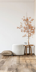 Oriental minimalist living room interiors with plain window lighting in a zen composition with minimal furniture.