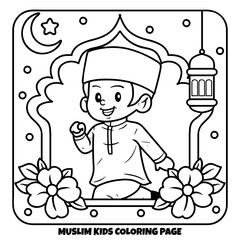 Line art of the muslim boy walking with decorative frame, coloring page illustration.