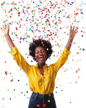 Black woman celebrating with colorful confetti falling, transparent background (PNG)