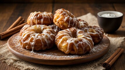 apple fritter a fried pastry filled with diced apples served aesthetically in a wooden plate and table