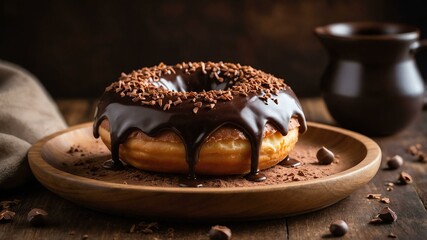 chocolate frosted donut a yeast or cake donut topped served aesthetically in a wooden plate and table