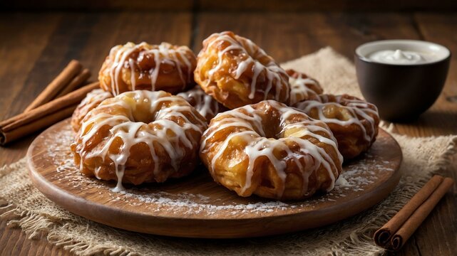 apple fritter a fried pastry filled with diced apples served aesthetically in a wooden plate and table