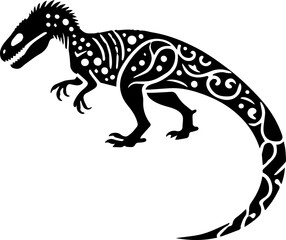 Naklejka premium Black tribal tattoo style illustration of a dinosaur with intricate patterns on its body.