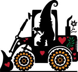 Whimsical silhouette of a gnome on a tractor with floral and heart decorations. Ideal for greeting card or home decor designs.