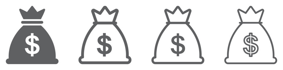 Money bag icon set. Dollar money with sack. Symbols money bag or stash, coin sack sign, business, banking, vector.