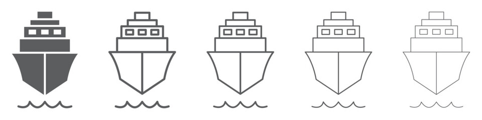 Set of ship icons. Ferry boat symbol, boat, ship front view. Cargo ship, cruise ship, marine sail boat transport, transport signs. Vector. © SVIATOSLAV