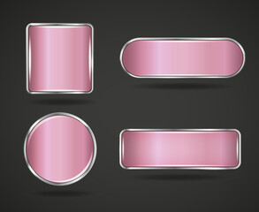 Metallic pink silver frame website button set. Circle square glossy frame