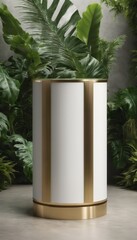 concrete podium with green leaves surrounding 05