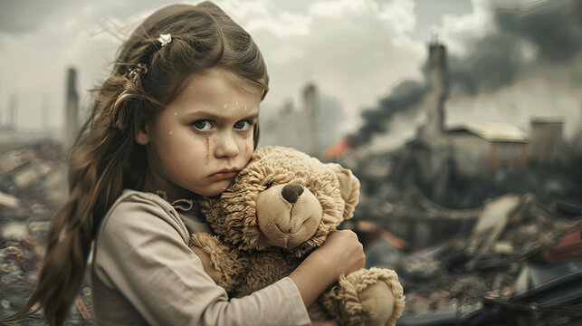 ni&ntilde;a llorando abrazando su oso de peluche en un mundo destruido por la guerra por la lucha de poder su cara expresa sentimientos de tristeza y soledad de sufrimiento