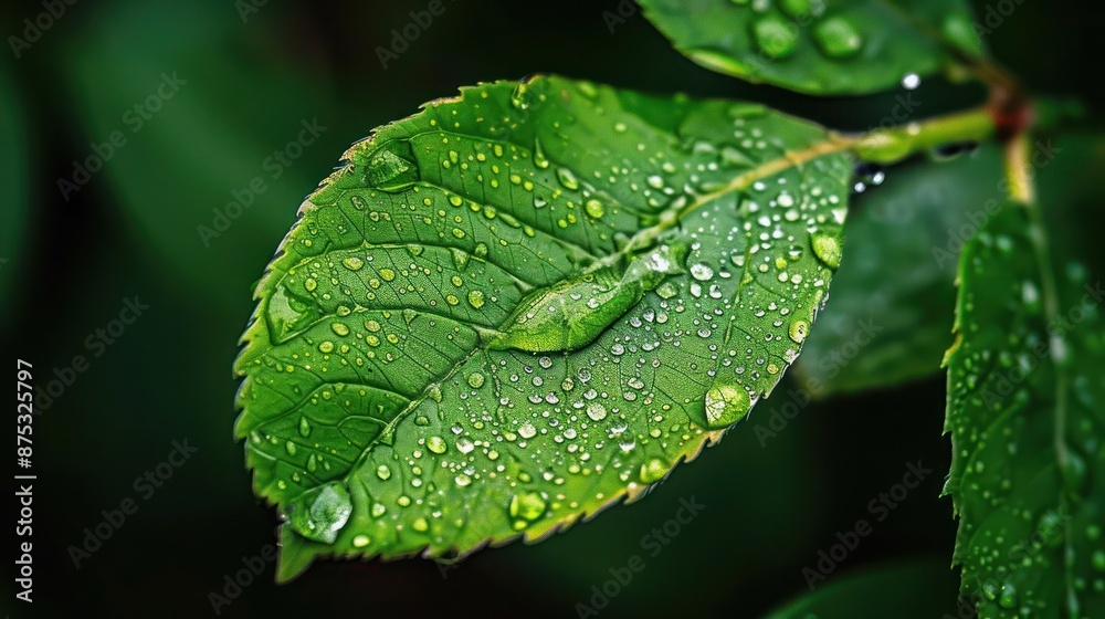 Wall mural beautiful green leaf with drops of water