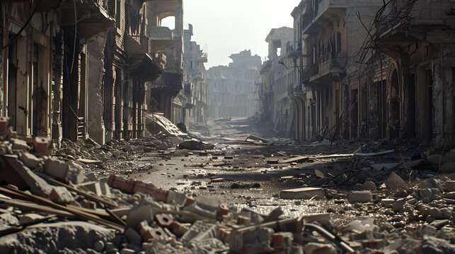 calles de una ciudad destruida por la guerra entre los gobiernos mundiales devastaci&oacute;n y tragedia explosiones y desastres bombardeos y tristeza batallas entre naciones