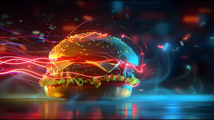 A glowing burger with vibrant neon light trails, set against a dark, futuristic background, creating a dynamic and energetic visual.