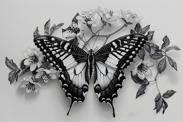 "Butterfly Among Flowers: Realistic Black and White Drawing"