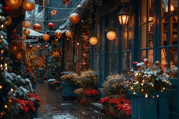 Obraz premium Festive Christmas decorations lining a narrow street.