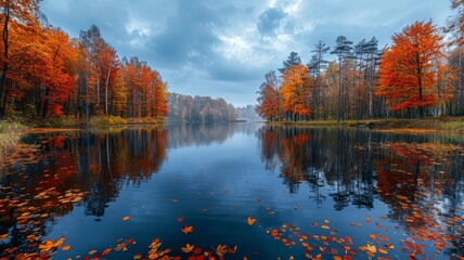Obraz premium A serene lake surrounded by trees in full autumn splendor, with reflections of the colorful foliage shimmering on the water's surface