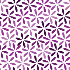 Vector seamless pattern with flower petals, shades of purple, floral-like design with symmetrical arrangements of purple petals against a white background, violet flower pattern