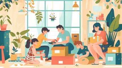 Fototapeta premium Family arranging household items, new house, cheerful and bright