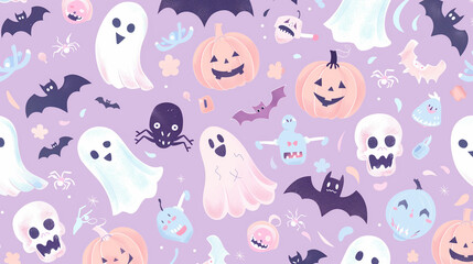A pastel-colored scene with cute, smiling ghosts, pumpkins, skulls, and bats in shades of pink, purple, and blue