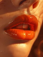  Close-Up of Glossy Lips with Bold Orange Lipstick