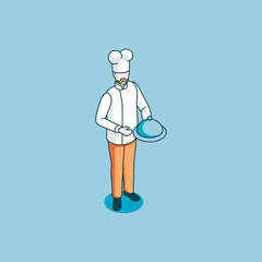 isometric vector chef linear icon, in color on blue background, people and professions